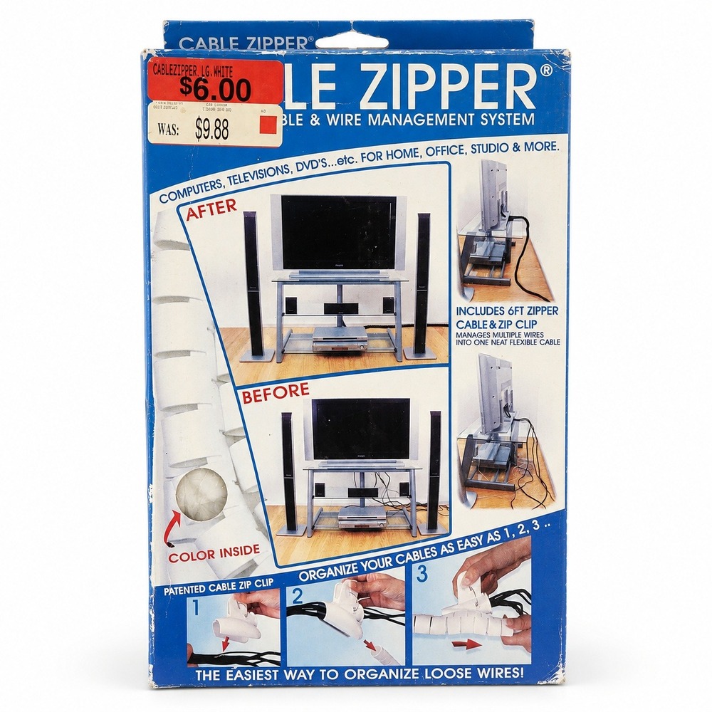 Evriholder Cable Zipper Wire Management System 6ft White New Cord Organizer